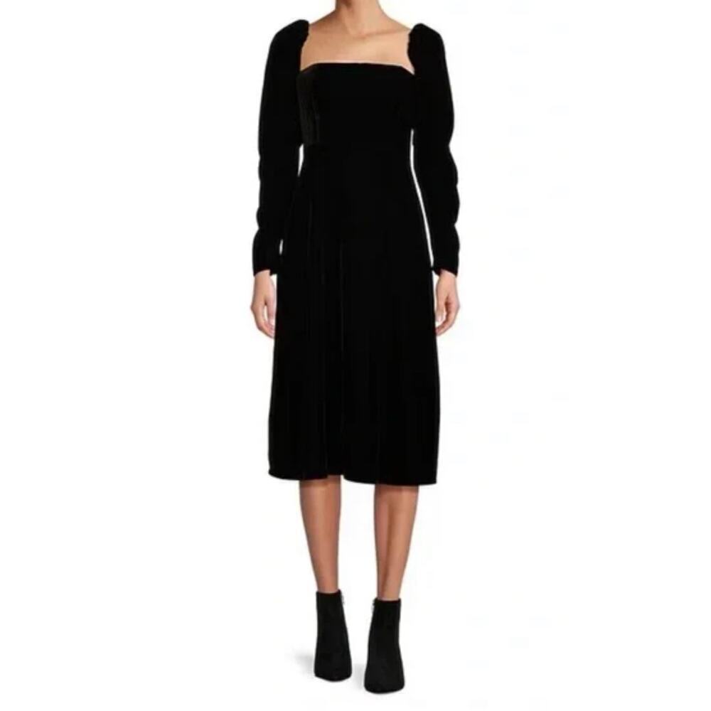 Antonio Melani Sz 16 Black Velvet Dress Midi Mackenzie Square Neck Puff Sleeve